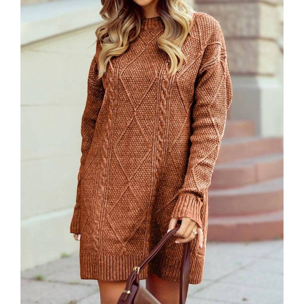 NEW 1 THE WOMAN cable knit drop shoulder loose fit sweater dress in coffee